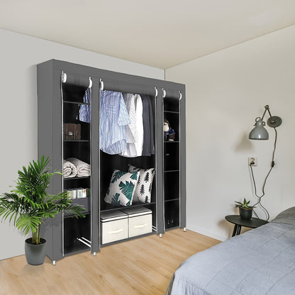 Fabric Wardrobe, Portable Bedroom Wardrobe, Space-Saving Wardrobe With 12 Open Shelves, 1 Hanging Rail, For Bedroom, Living Room 172x134x43cm Grey