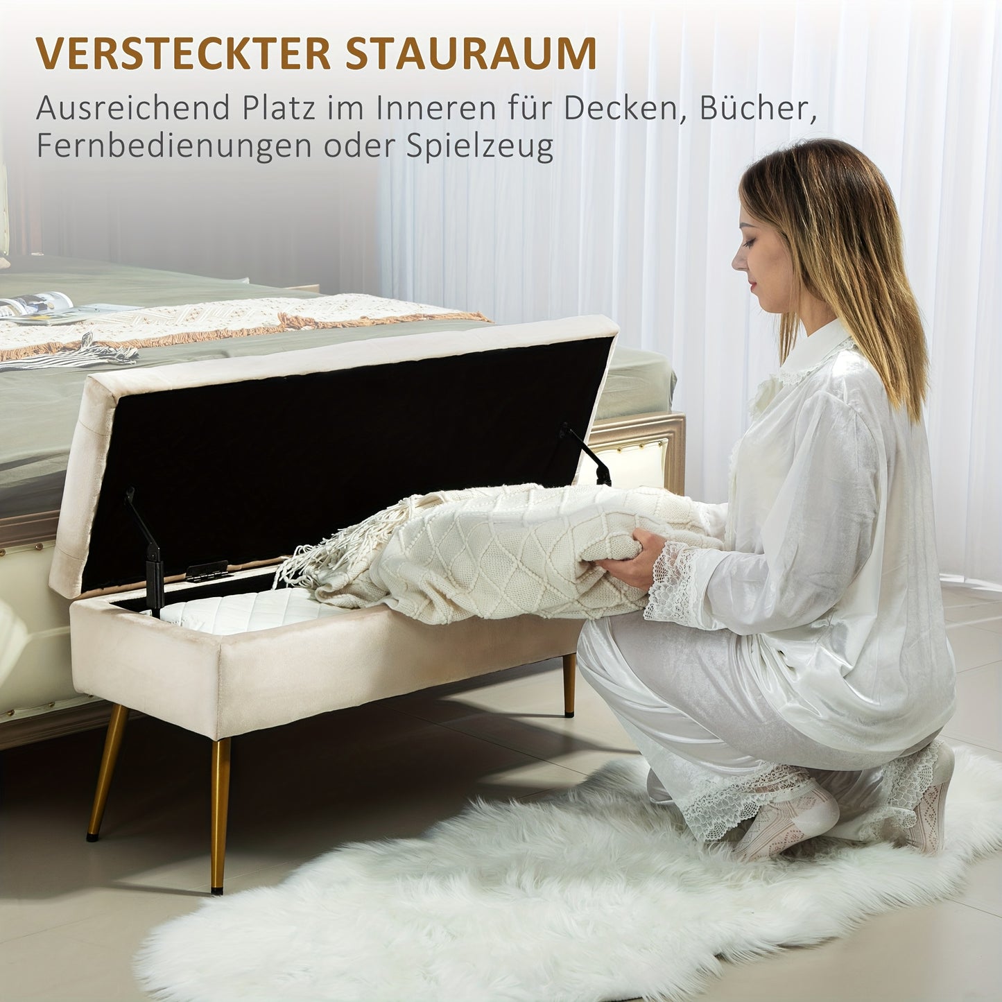Opbergbank – Opbergbankje – Zitbank – Halbank – Opbergkist – Beige Velvet Bekleding – Met Metalen Frame 102x36x43 cm