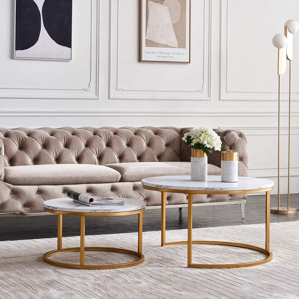 Lage Ronde Tafels – Salontafel – Bijzettafel – Nieuwerwetse Tafel – Modulaire Tafel – Set van 2 – Gouden Metalen Frame – Houten Tafelblad – Compact & Eenvoudig te Monteren