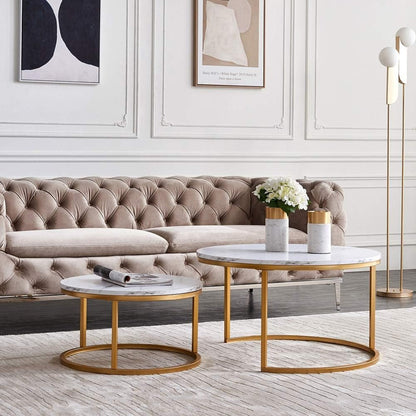 Lage Ronde Tafels – Salontafel – Bijzettafel – Nieuwerwetse Tafel – Modulaire Tafel – Set van 2 – Gouden Metalen Frame – Houten Tafelblad – Compact & Eenvoudig te Monteren