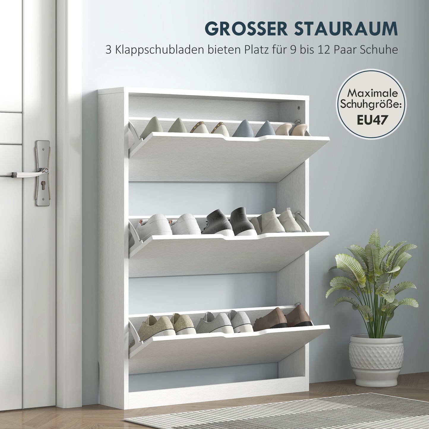 Schoenenkast – Schoenenkast – Schoenenrek – Schoenopberger – Schoenmeubel – 3 Uittrekbare Lades – Slank Wit Design 80x17x108 cm