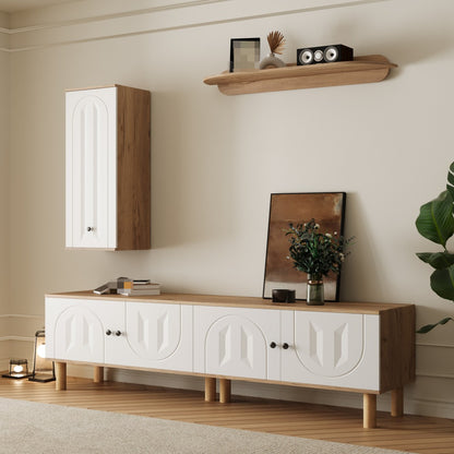 tv meubel – tv dressoir – tv kast – media meubel – wandmeubel – drieluik woonkamermeubel – wit met houtdetails – ruimtebesparend design