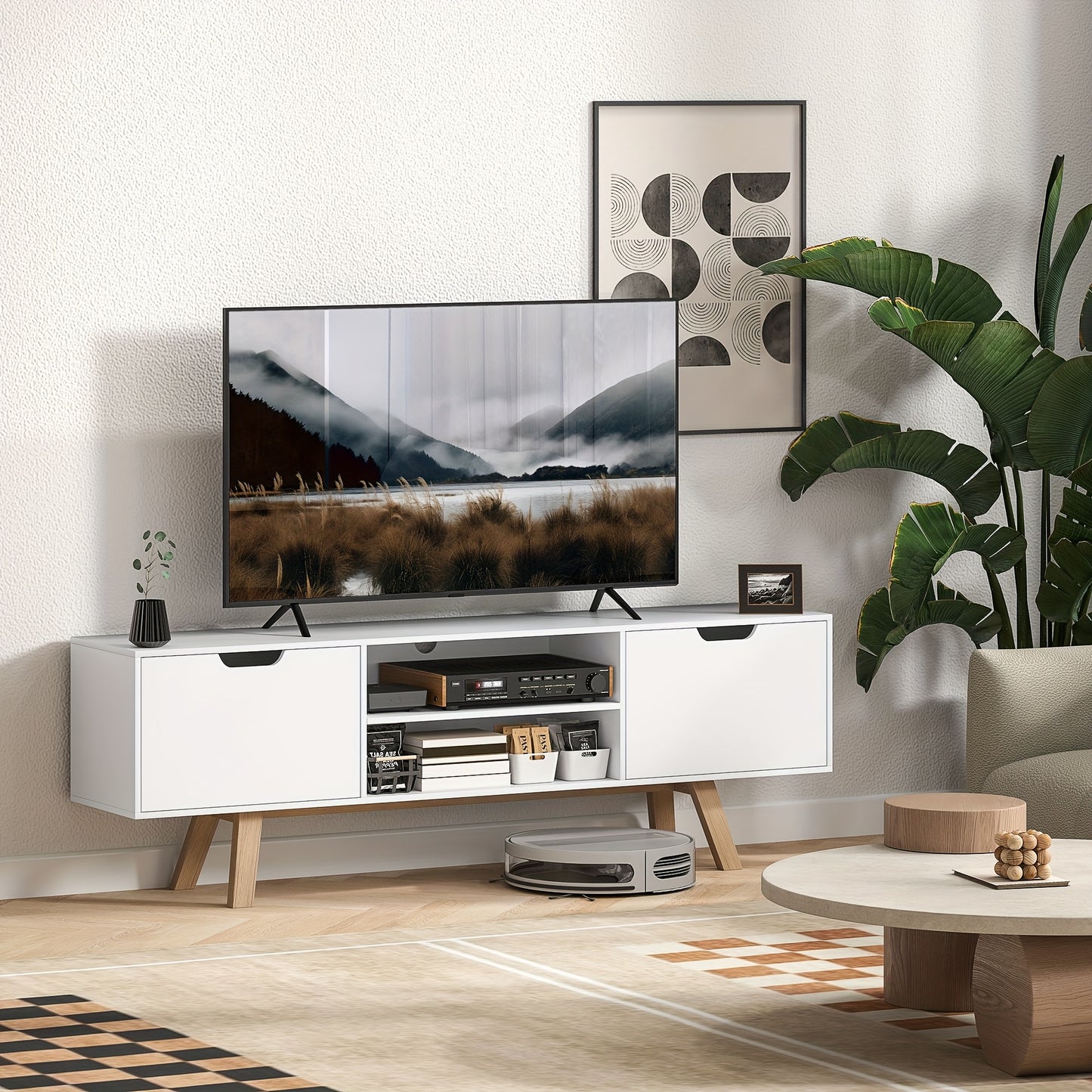 TV Stand, TV Stand for TVs Up to 65 Inches, Low Cabinet with Two Doors And Two Shelves, TV Stand for Living Room, Dimensions 150 X 39 X 50cm, White, Media Storage Solution, Spacesaving Cabinet, Compact Stand, Highquality Mate