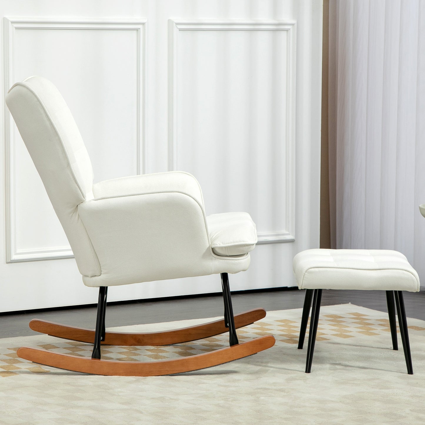 Schommelstoel – Schommelzetel – Schommelstoel Met Voetenbank – Relaxstoel – Wiegstoel – Creme Wit – Zacht Schommelmechanisme – Linnenlook Stof