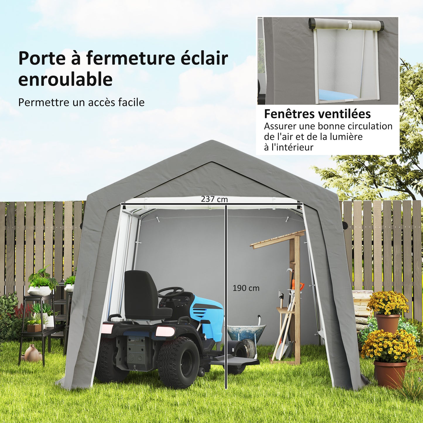 Fietsenstalling – Fietsberging – Fietsenhok – Tuinschuur – Opbergschuur – Waterdicht Polyester – Gegalvaniseerd Stalen Frame – 3 x 4,5 x 2,5 m – Lichtgrijs