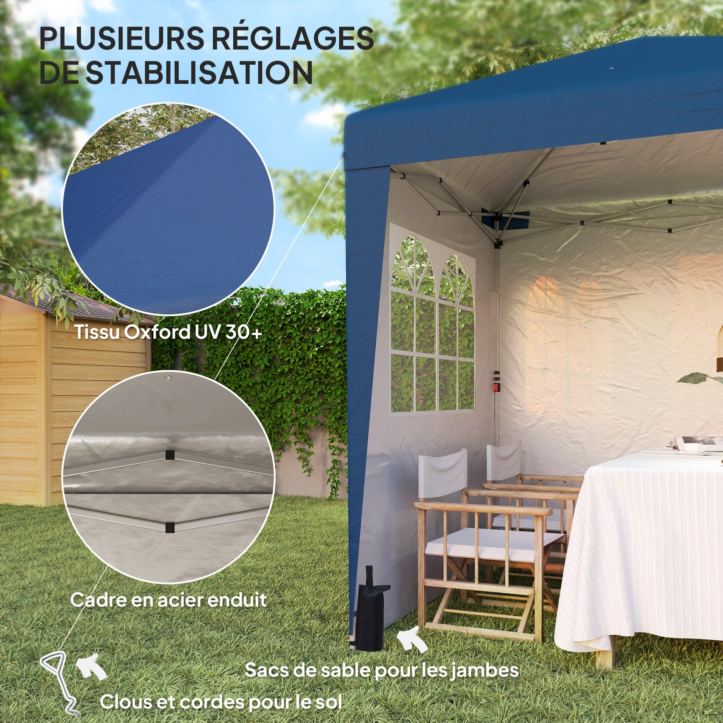 Partytent – Tuinpaviljoen – Overkapping – Pop-up Tent – Schaduwdoek – Blauw – UV30+ Bescherming – Verstelbare Hoogte 202x202 cm
