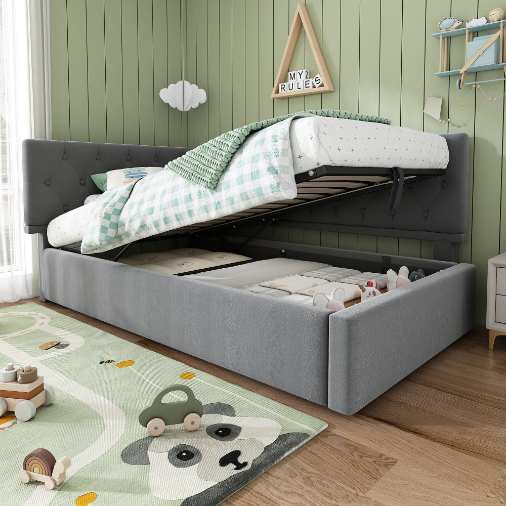 Slaapbank – Bedbank – Logeerbed – Opklapbed – Bedbankje – Hydraulische Opbergruimte – Stevig Lattenbodem Frame – 90x190 cm – Modern Gestoffeerd – Grijs
