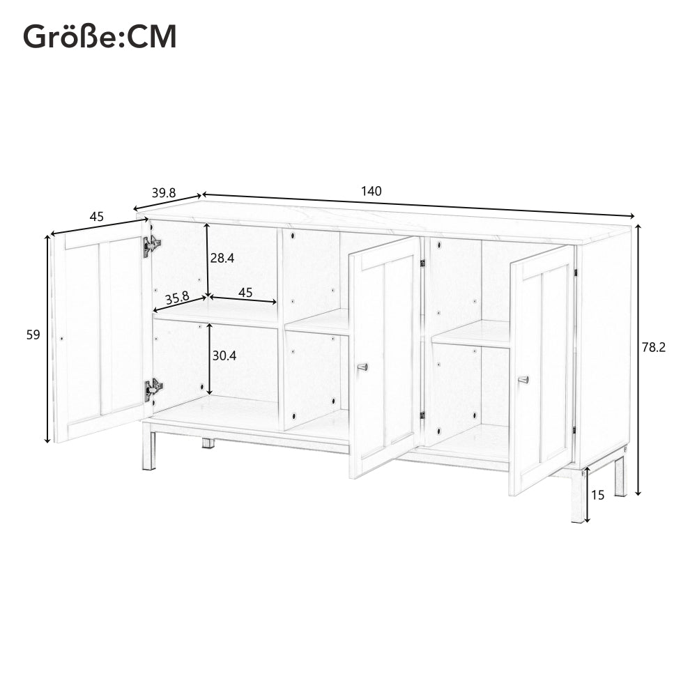 Dressoir – Opbergkast – Buffetkast – Ladekast – Kast – Wit – Marmeren Blad – 3 Deuren – Makkelijk Schoon Te Maken