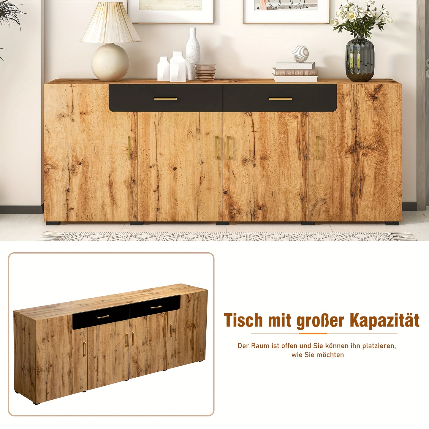 Dressoir – Opbergkast – Ladekast – Buffetkast – Kast – Hout – 208x39,5x80 cm – 4 Deuren en 2 Laden – Open Buffetgedeelte