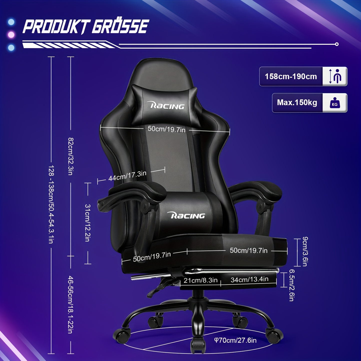 Gaming Chair with Footrest, Ergonomic Gaming Chair, Gaming Armchair with Adjustable Lumbar Cushion, Head Cushion, Height-adjustable And Swivel, PC Chair, Gaming Chair 200kg