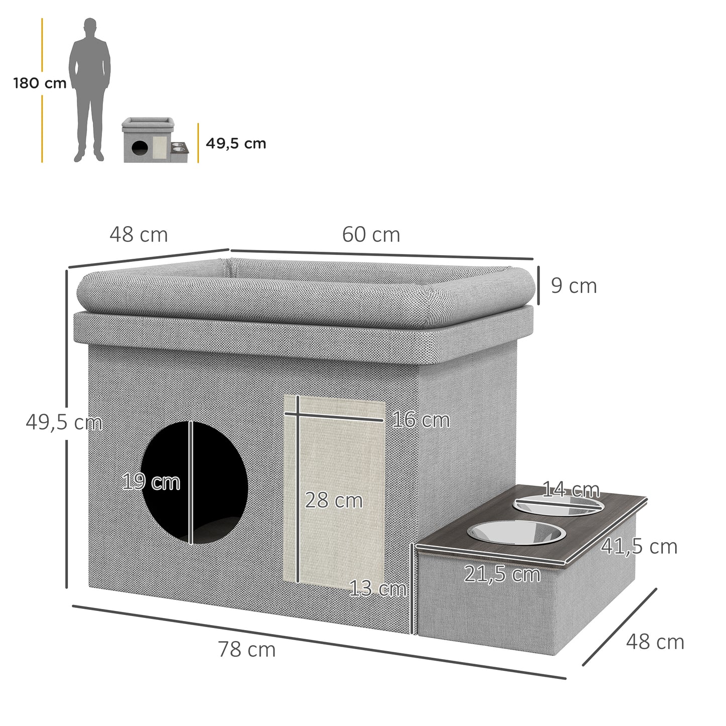 Kattenhuis – Kattenhut – Kattenverblijf – Kattenmand – Kattenmeubel – Met 2 RVS Voerbakken – Inclusief Sisal Krabmat