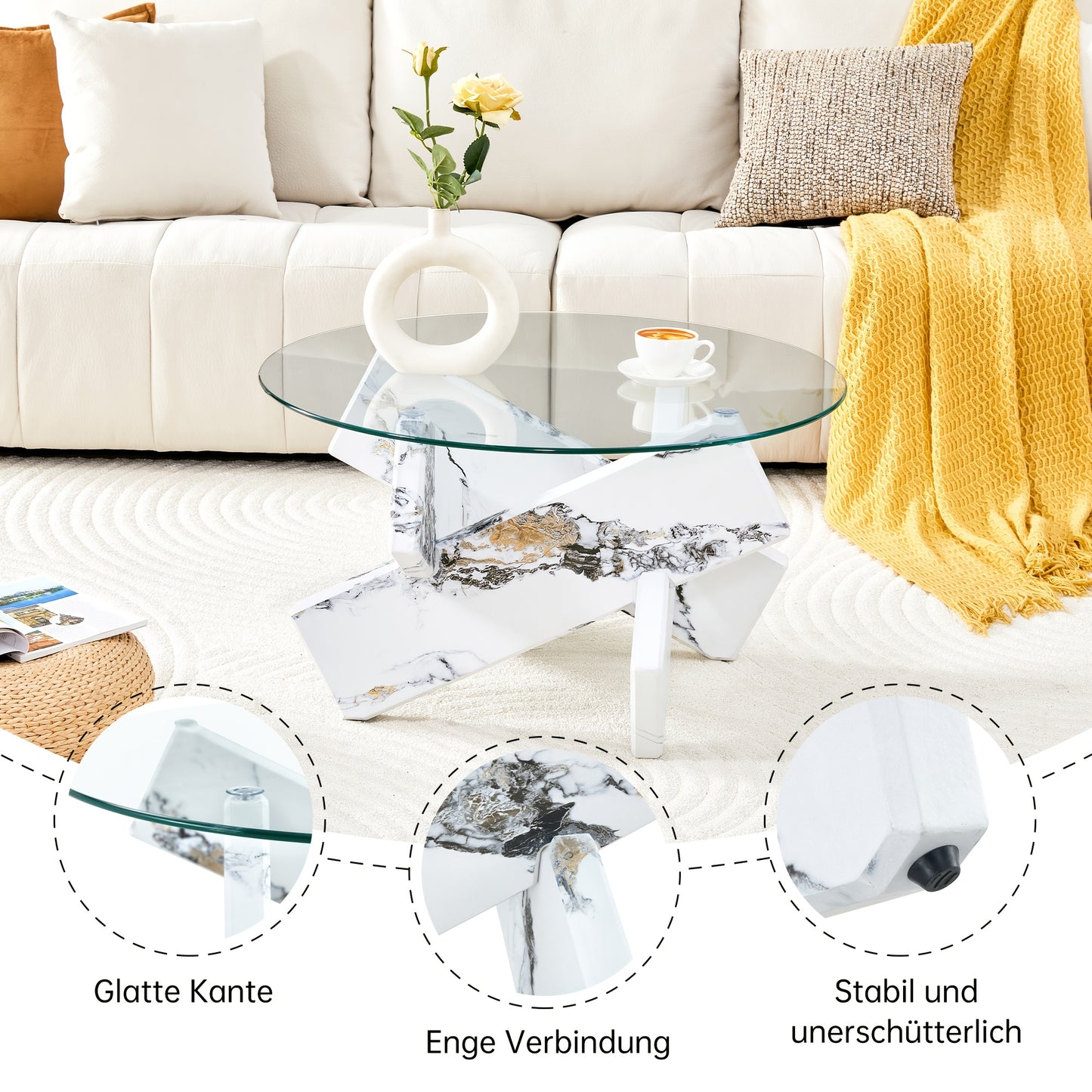Glazen Salontafel – Ronde Tafel – Bijzettafel – Woonkamertafel – Koffietafel – Wit Getemperd Glas – 0,8 cm Dik – Stevige Basis – Eenvoudige Montage Zonder Gereedschap