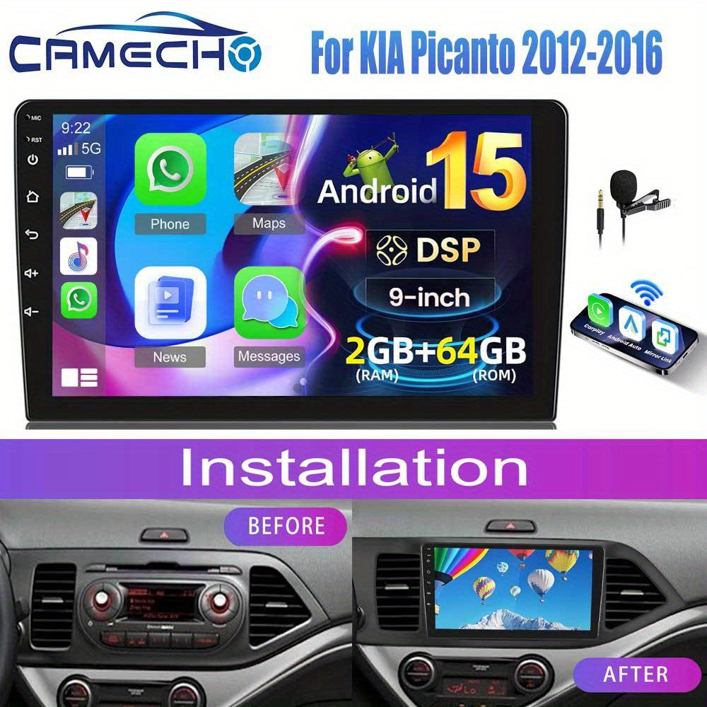 Android Autoradio – Auto Multimedia Speler – Inbouw Navigatie Systeem – Touchscreen Radio – Bluetooth Audio – 9 Inch HD IPS Scherm – Android 15.0 Met 2GB RAM en 64GB Opslag – Draadloze CarPlay & AHD Achteruitrijcamera