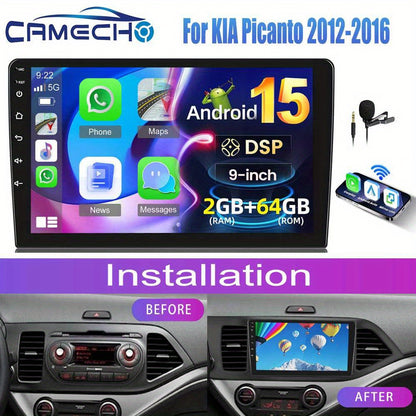 Android Autoradio – Auto Multimedia Speler – Inbouw Navigatie Systeem – Touchscreen Radio – Bluetooth Audio – 9 Inch HD IPS Scherm – Android 15.0 Met 2GB RAM en 64GB Opslag – Draadloze CarPlay & AHD Achteruitrijcamera