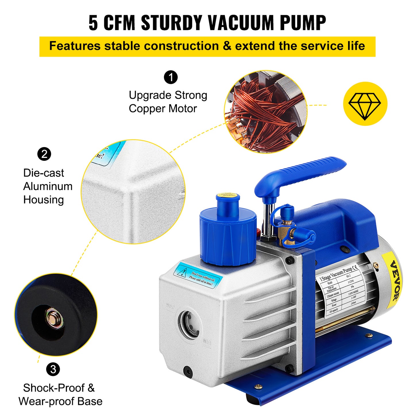 Vacuümkamer – Vacuümpomp – Ontgassingskamer – Vacuümset – Vacuümmachine – 5 Gallon RVS Kamer – Krachtige 5 CFM 1/3 PK Pomp