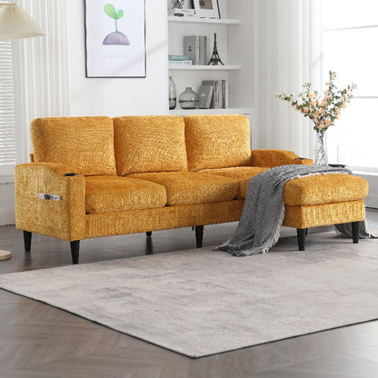 4-zits sofa – bank – zitbank – lounge bank – hoekbank – fluweelachtige bekleding – opberghocker met bekerhouders