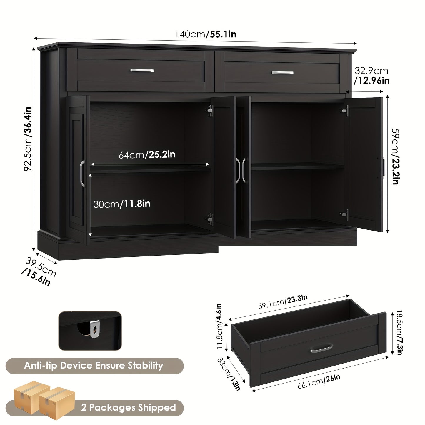 Dressoir – Opbergkast – Ladekast – Buffetkast – Kast – Zwart Hout – Grote Opbergruimte – Modern Design