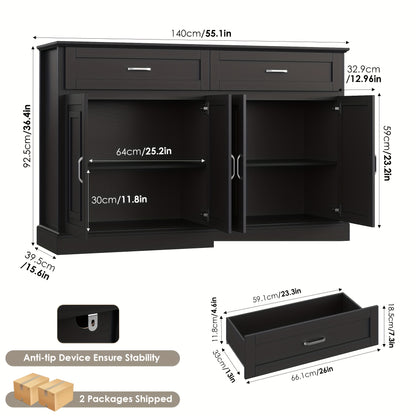 Dressoir – Opbergkast – Ladekast – Buffetkast – Kast – Zwart Hout – Grote Opbergruimte – Modern Design