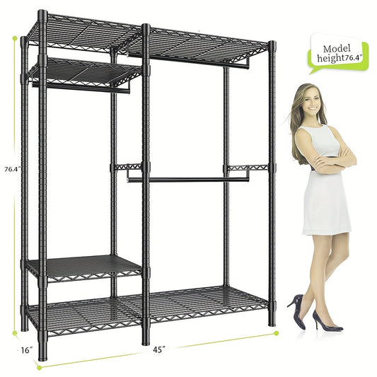 317.51KG Capacity Heavy-Duty Freestanding Wardrobe Closet System - Alloy Frame Wardrobe Cabinet with 4-Tier Shelves & 2 Hanging Bars, Space-Saving Dress/Coat Storage Unit for Apartments, Easy Assembly (for long dresses, Coats)