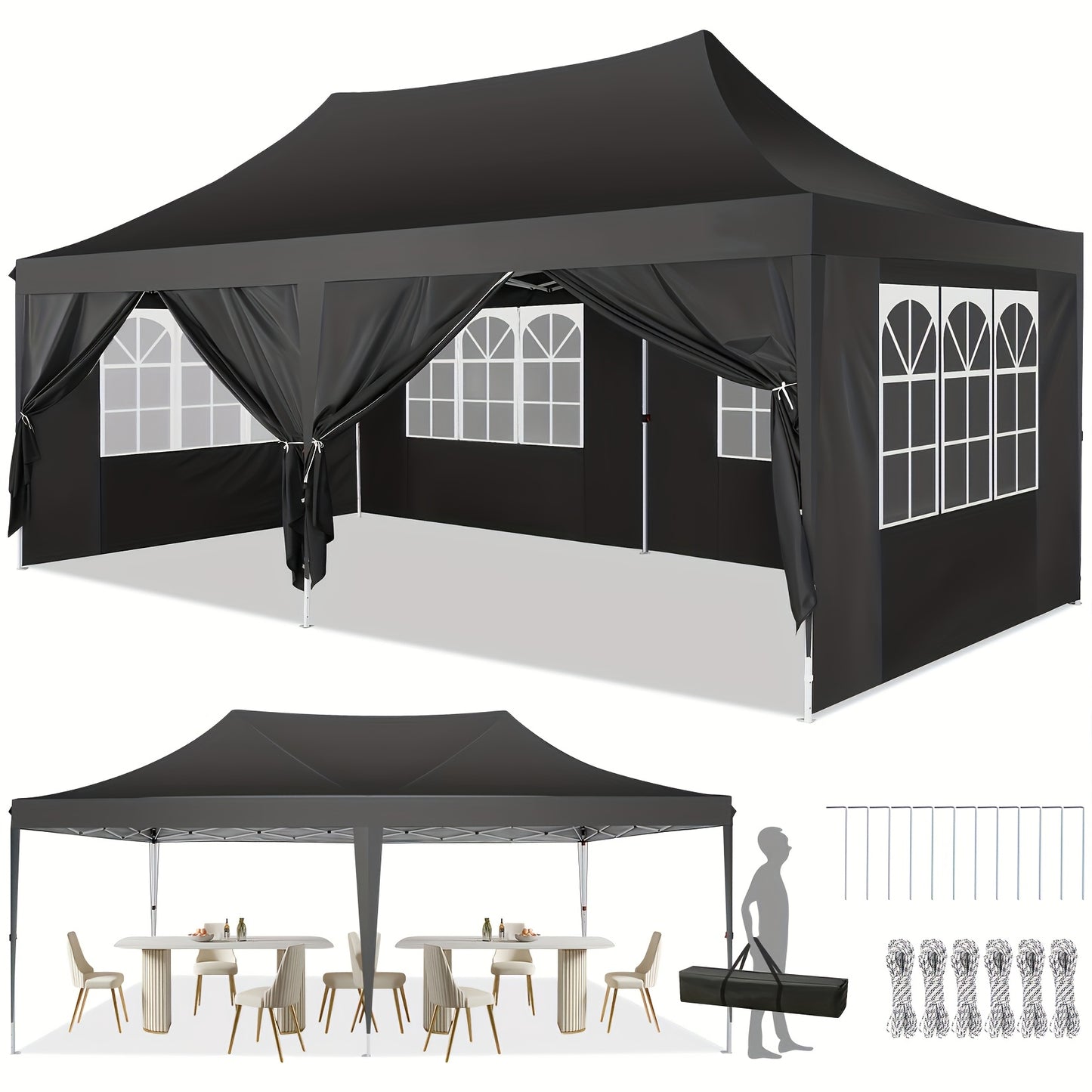 Feesttent – Partytent – Tuintent – Paviljoen – Easy-Up Tent – 3x6 Meter – Waterdicht Polyester – Stevig Aluminium Frame - Zwart