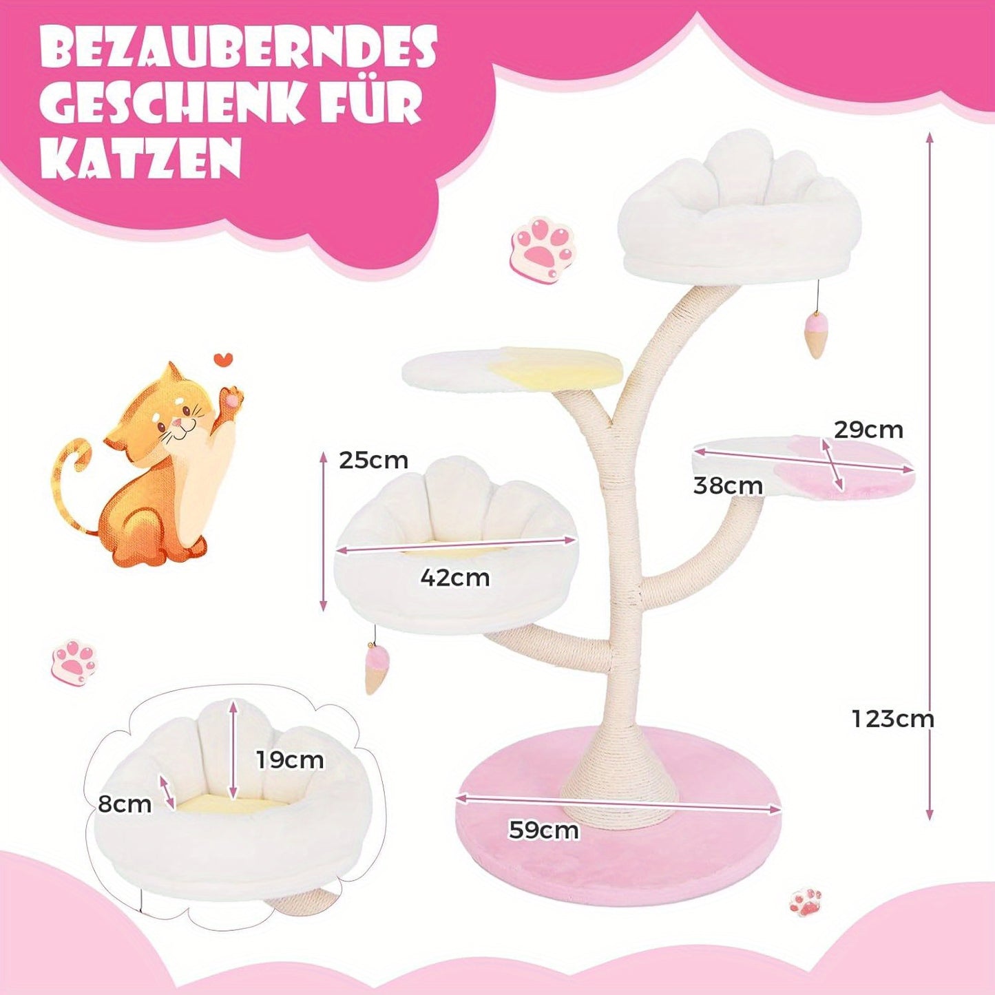 Krabpaal – Kattenboom – Kattenhuis – Kattenmeubel – Kattentoren – 4 Niveaus Met Speelballen – Afneembare Wasbare Ligplaatsen – Roze/Wit – Compact & Stevig