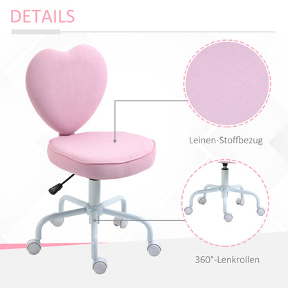 Bureaustoel – Kinderstoel – Draaistoel – Bureau Stoel – Meisjesstoel – Roze Hartvormige Rugleuning – Verstelbare Hoogte 79-89 cm – Ademende Linnen Bekleding