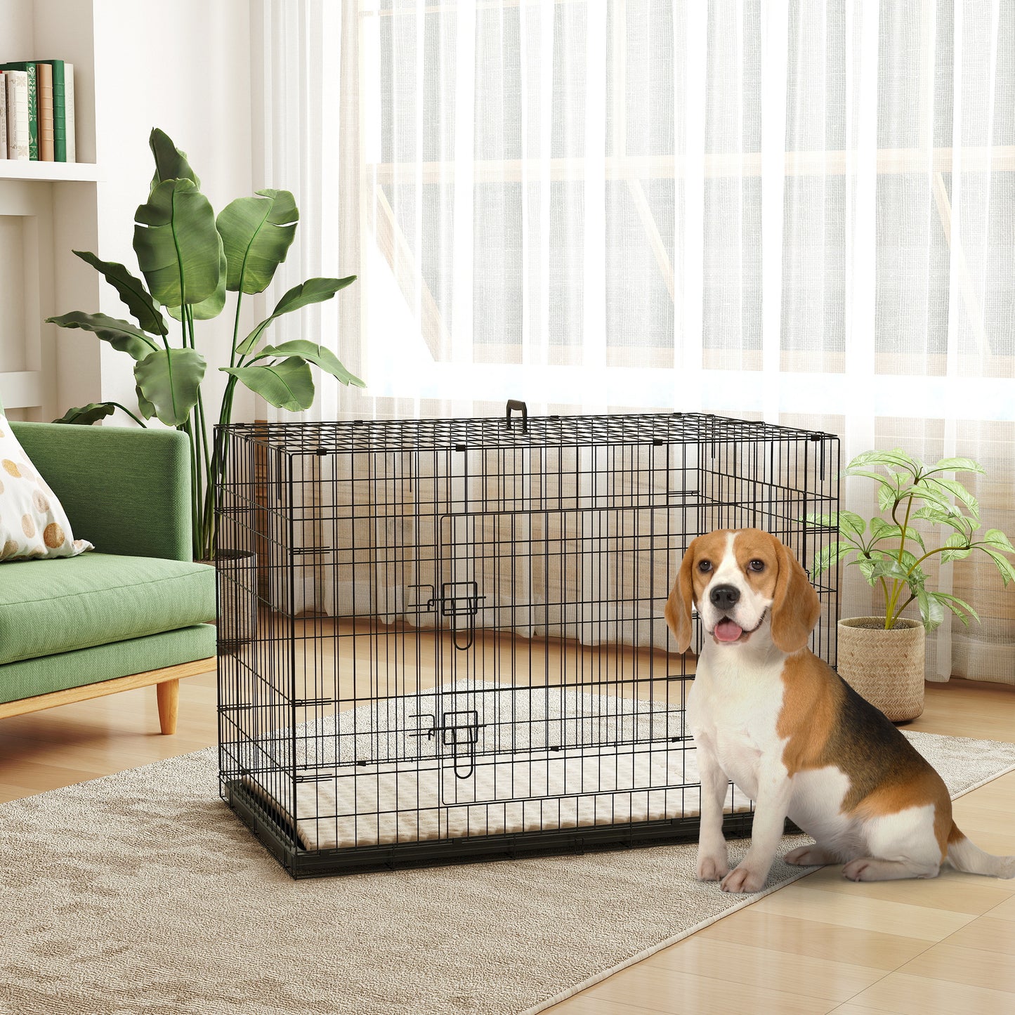 Hondenbench – Bench Voor Honden – Hondenkooi – Hondenhok – Reisbench – Opvouwbaar Met Handvat – Uitneembare Bodemtray En Wasbaar Kussen – 105x70x75 cm Zwart