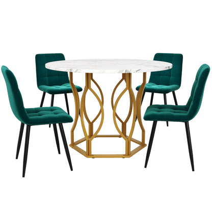 Eettafelset – Eetkamerset – Keukentafelset – Ronde Tafel – Stoelenset – 100 cm Diameter – Wit Tafelblad met Gouden Metalen Poten – Donkergroene Fluwelen Stoelen