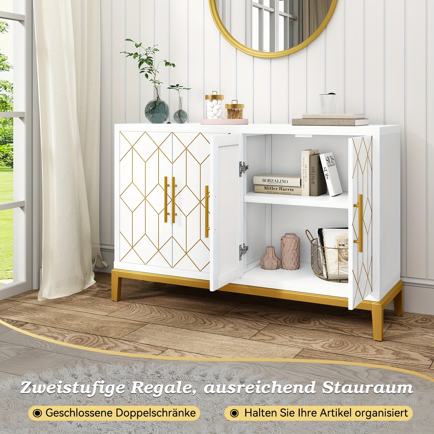 Kast – Opbergkast – Dressoir – Garderobekast – Vrijstaand – Verstelbare Planken – Zwart Met Gouden Accenten
