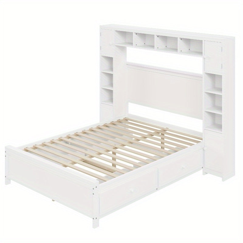 Bedframe – Tweepersoonsbed – Opbergbed – Ladebed – Slaapbank – Moderne Witte Kleur – 4 Lades & Kast – Lattenbodem 3,56x5,08 m – Ruimtebesparend Ontwerp