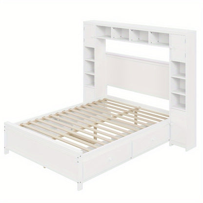 Bedframe – Tweepersoonsbed – Opbergbed – Ladebed – Slaapbank – Moderne Witte Kleur – 4 Lades & Kast – Lattenbodem 3,56x5,08 m – Ruimtebesparend Ontwerp