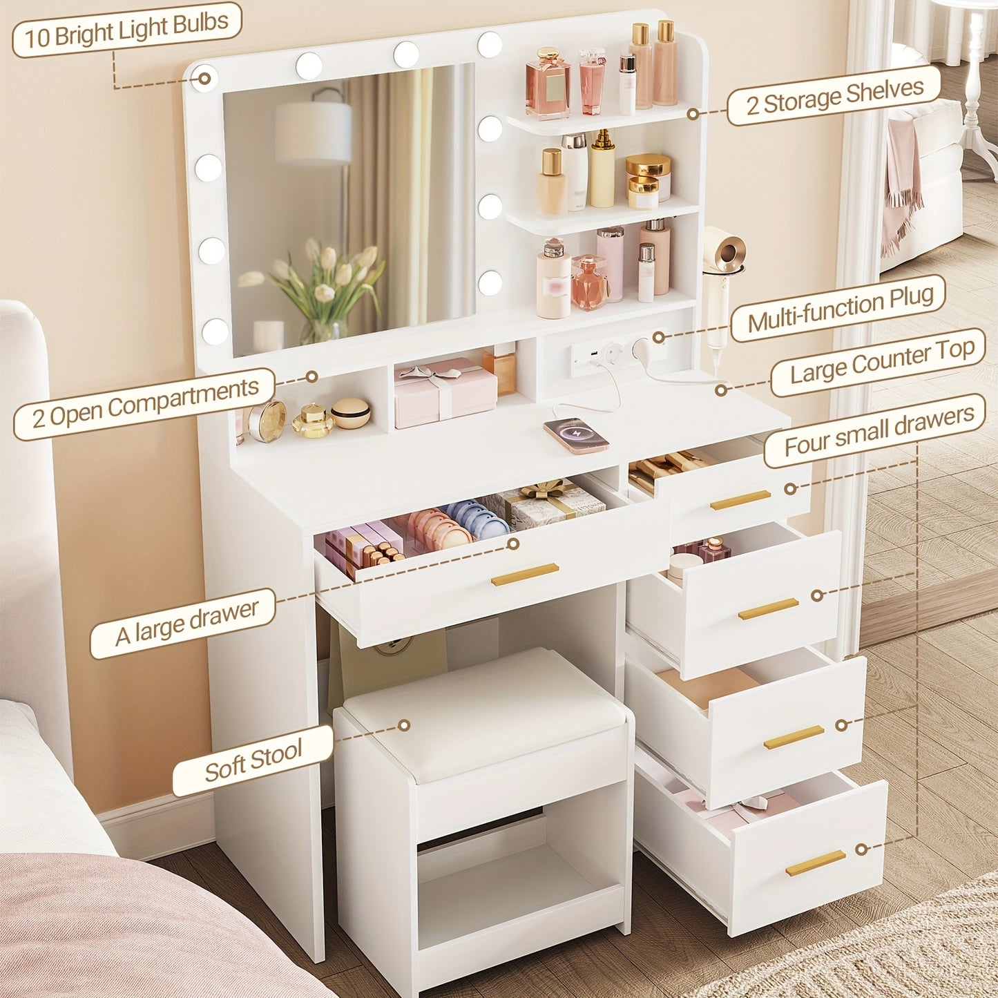 Kaptafel – Make-uptafel – Schminktisch – Dressing Table – Vanity Table – Wit – 3-in-1 LED-verlichting – Inclusief Kruk Met Opbergruimte