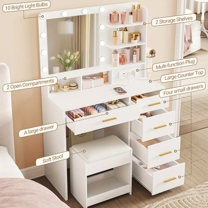 Kaptafel – Make-uptafel – Schminktisch – Dressing Table – Vanity Table – Wit – 3-in-1 LED-verlichting – Inclusief Kruk Met Opbergruimte