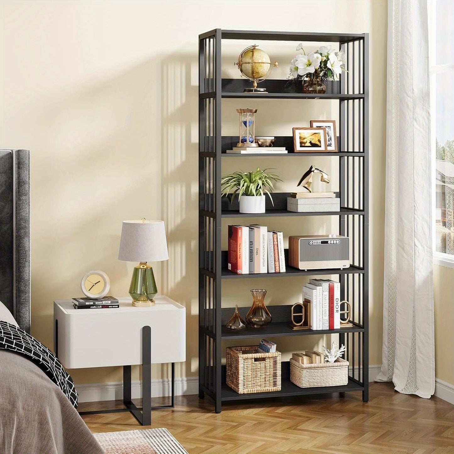 6-Lagens Boekenkast – Open Boekrek – Boekenplank – Opbergkast – Hoekboekenkast – Stijlvol Zwart Metaal & Hout – Draagkracht 136 kg – Ruimtebesparend Modern Design
