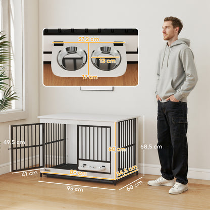 Hondenbench – Hondenkooi – Dierenbench – Reisbench – Transportbench – Grote Honden – 360° Draaibare Voerbakhouder – Stevig MDF & Metaal – Wit – 95x60x68,5 cm