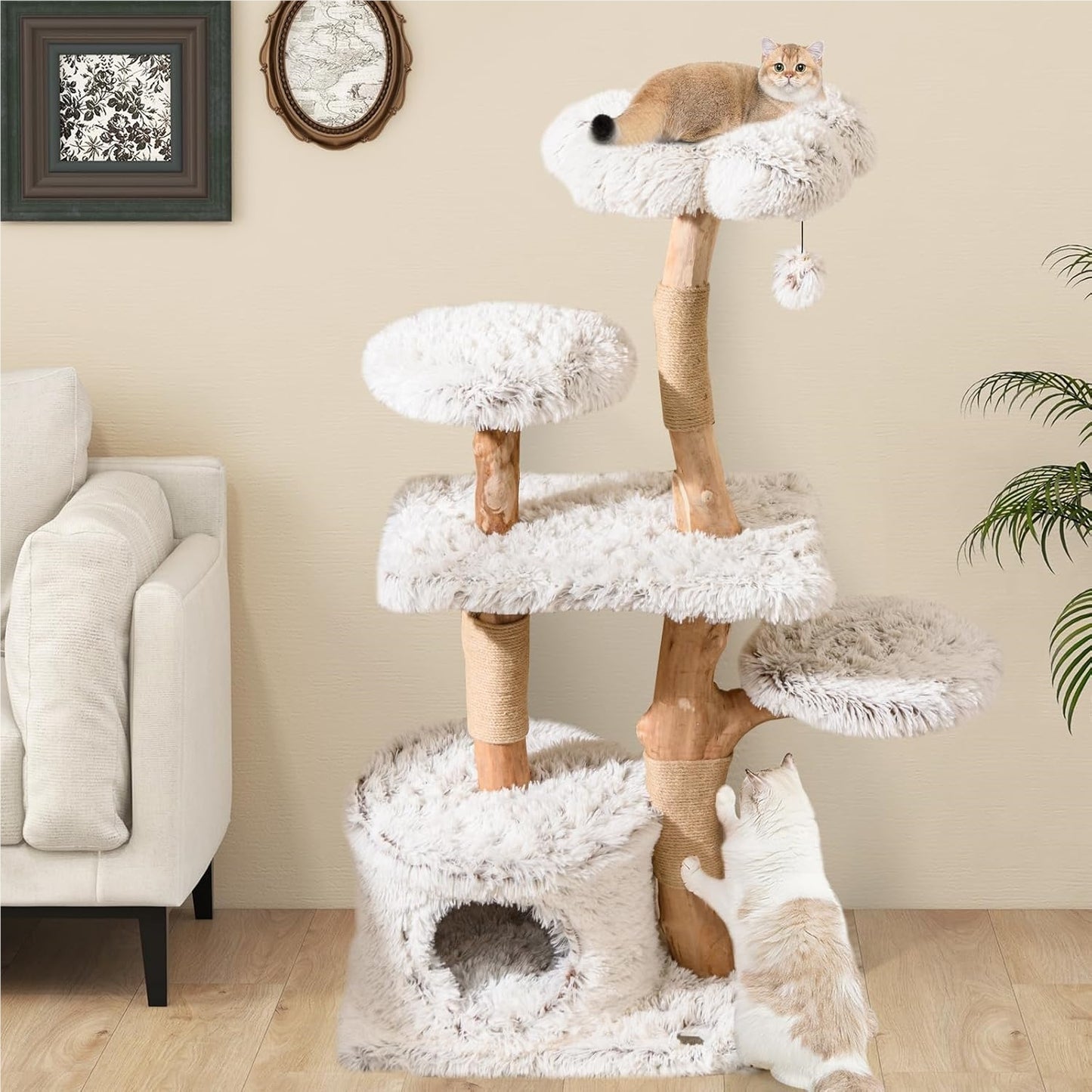 Krabpaal Kat – Krabboom Katten – Kattenmeubel – Klimpaal Kat – Kattenboom – 135 cm Hoog – Massief Houten Frame Met Jute Krabposts – Zacht Plush Zitgedeelte Wit