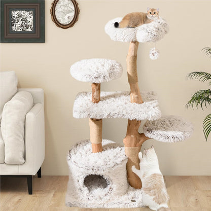 Krabpaal Kat – Krabboom Katten – Kattenmeubel – Klimpaal Kat – Kattenboom – 135 cm Hoog – Massief Houten Frame Met Jute Krabposts – Zacht Plush Zitgedeelte Wit