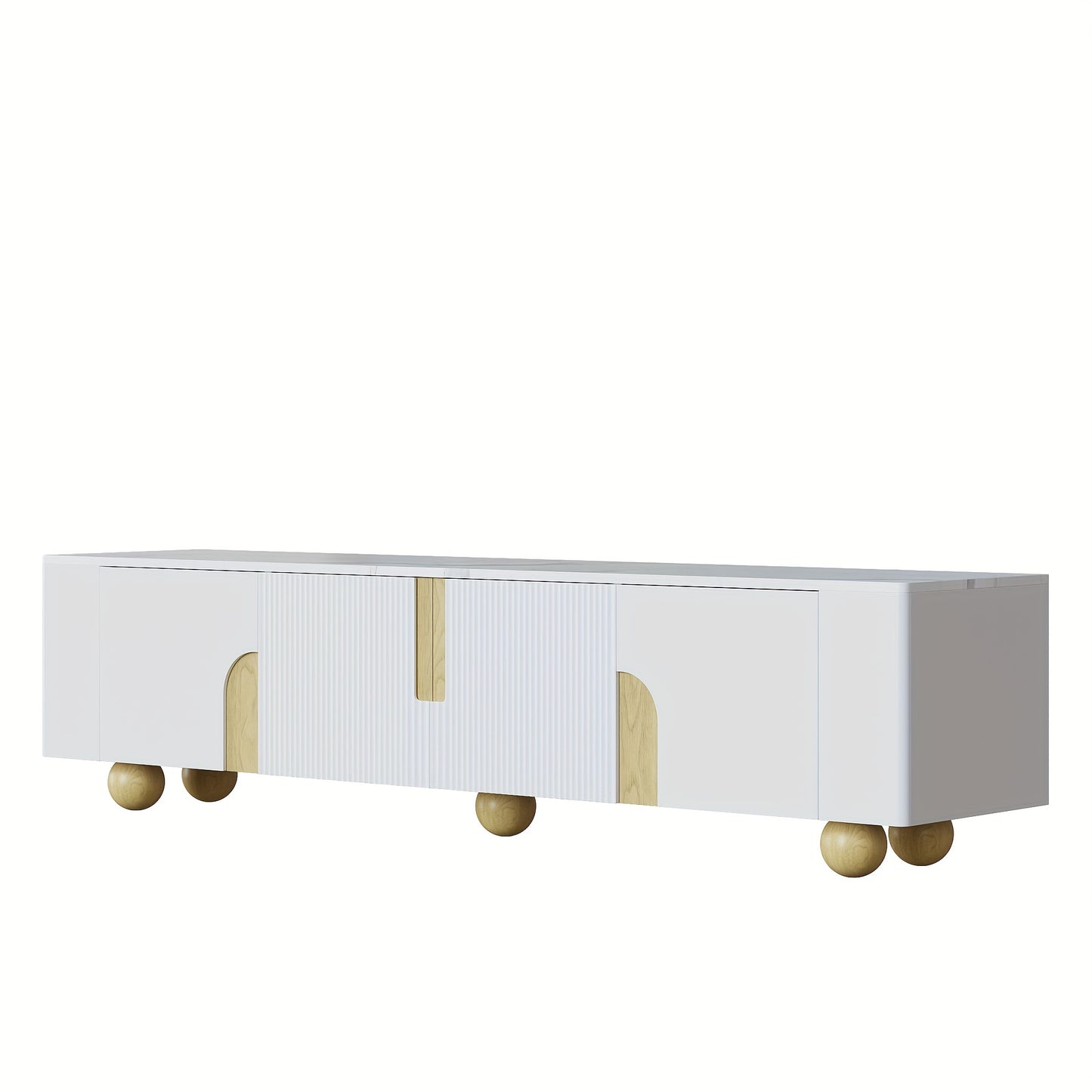 Tv Meubel – TV Kast – Televisiekast – TV Dressoir – TV Meubels – 180 cm Breed – Wit Met Marmerlook Blad – 4 Deuren – Stevige Bolvormige Houten Poten