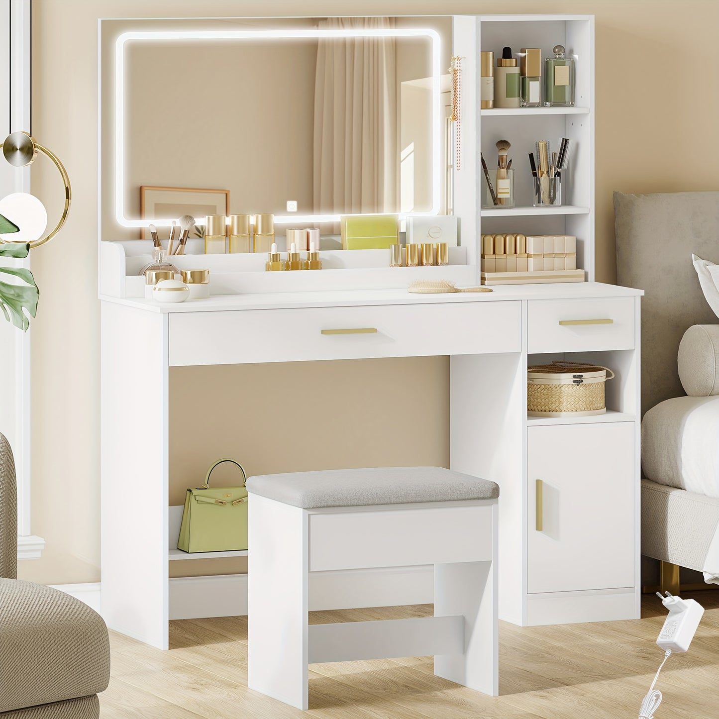 Kaptafel – Make-uptafel – Schminktisch – Toilettafel – Dressing Table – Wit – Grote Spiegel 69x50 cm – 2 Ruime Lades en Opbergvakken