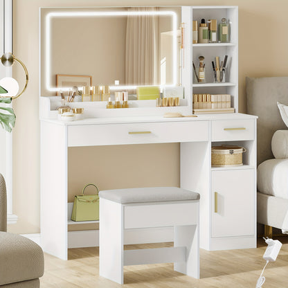 Kaptafel – Make-uptafel – Schminktisch – Toilettafel – Dressing Table – Wit – Grote Spiegel 69x50 cm – 2 Ruime Lades en Opbergvakken