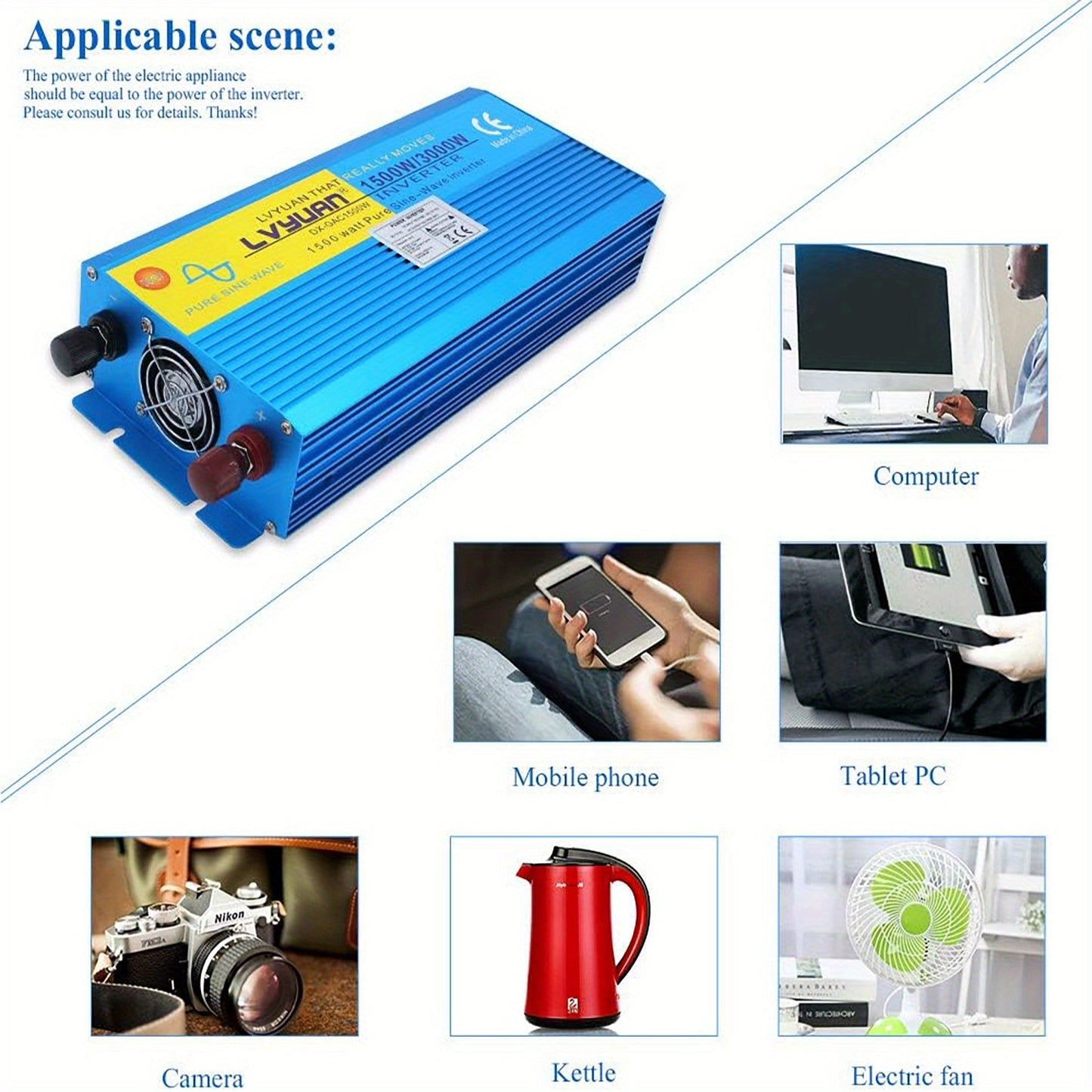 LVYUAN 1500W/3000W Pure Sine Wave Power Inverter 12V DC to 120V AC with 2 EU Sockets & Wireless Remote Control, LED Display, Overload Protection for Home Backup, RV, Solar, Camping, Boat, Emergency Power, Power Inverter for C