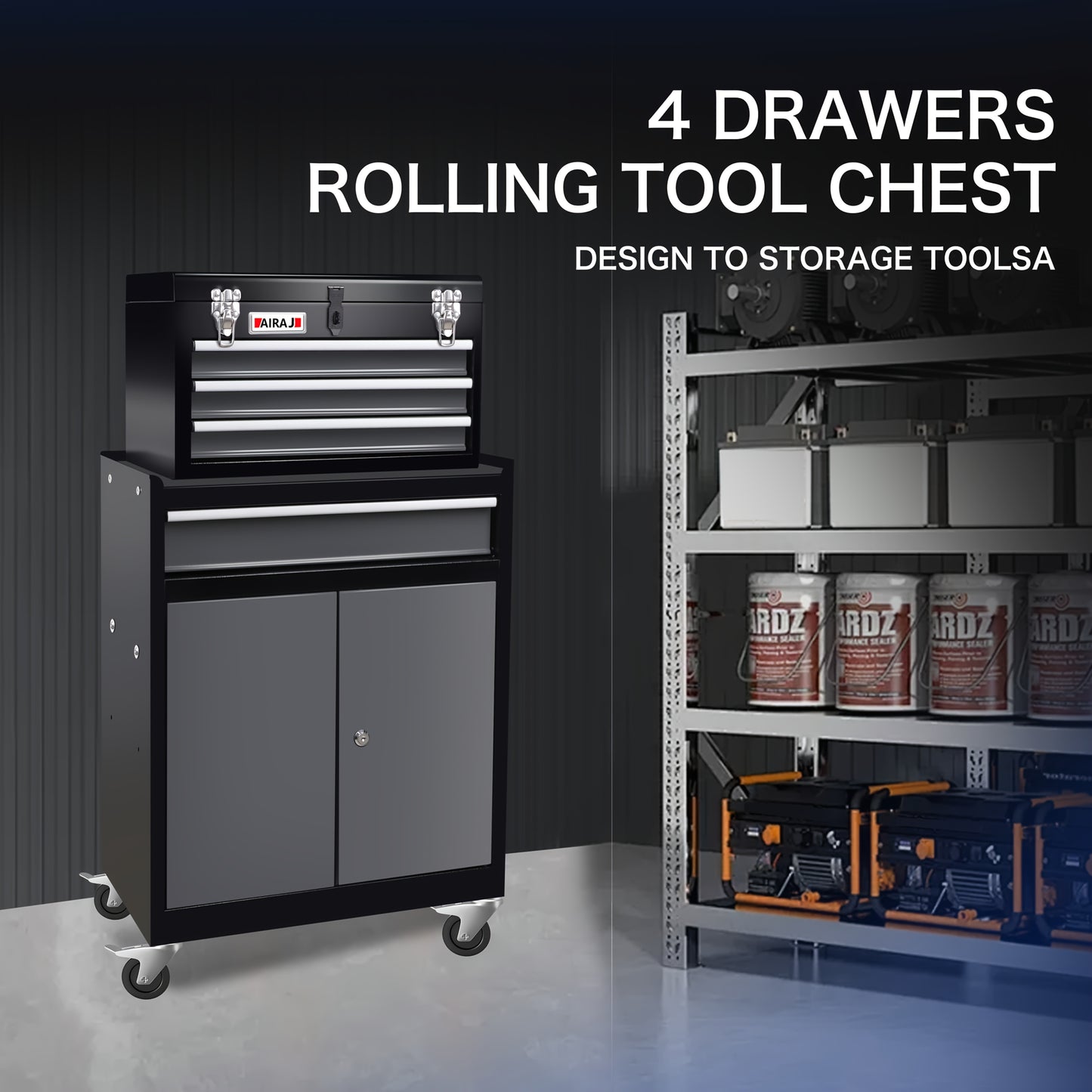 Heavy-Duty 4-Drawer Tool Chest with Detachable Top Tool Box - Locking Mechanism, Heavy-Duty Garage Workshop Cabinet with Wheels, Large Drawer Storage for Professional & Home Workshop, Garage Organization - Red/Black Industria