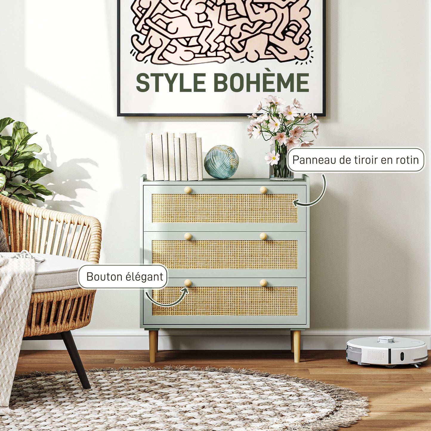 HOMCOM 3-Drawer Bohemian Style Storage Dresser with Wooden Frame, Rattan Dresser for Bedroom, Living Room, Entryway, 80 x 40 x 87.5 cm, Olive Green