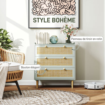 HOMCOM 3-Drawer Bohemian Style Storage Dresser with Wooden Frame, Rattan Dresser for Bedroom, Living Room, Entryway, 80 x 40 x 87.5 cm, Olive Green
