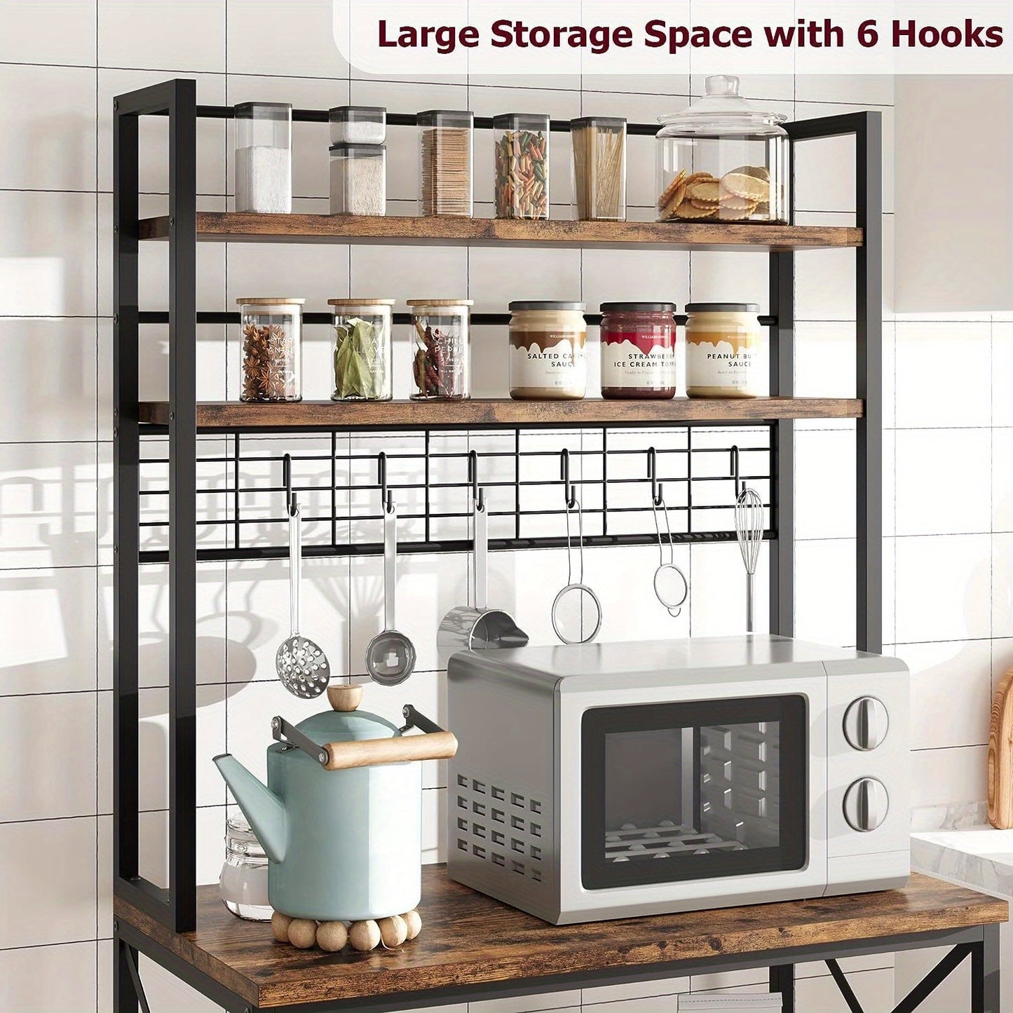 Keukeneiland – Keukenkast – Keukentrolley – Kookeiland – Servicewagen – Industrieel Design – 5 Niveaus Met 6 Haken – Robuust Met MDF En Metaal - Vintage Bruin
