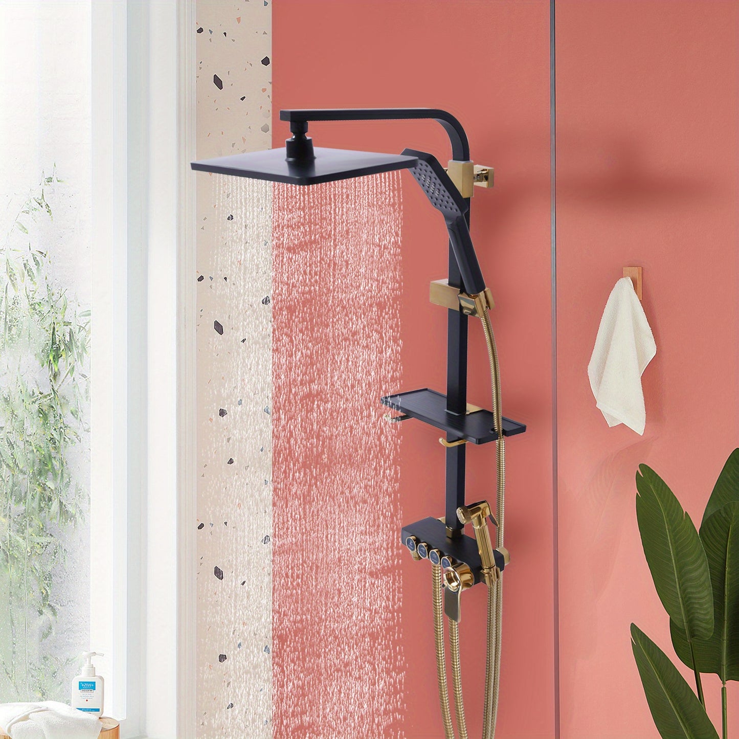 TOOL1SHOOO Contemporary Wall-mounted Bathtub Shower Set In Matte Black And Golden Finishes 46-orifice Hand Spray 112-orifice Top Spray And Anti-tangle Shower Hose, Easy to Clean, with Soft Silicone Spout And Toiletry Storage