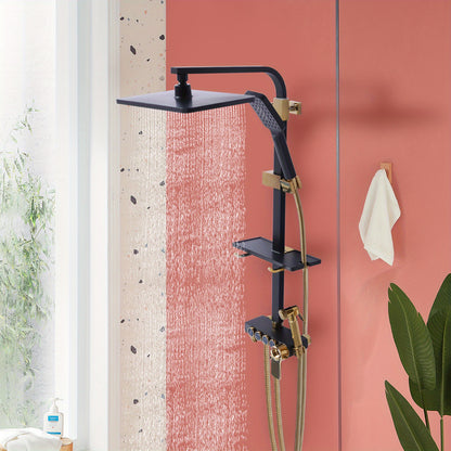 TOOL1SHOOO Contemporary Wall-mounted Bathtub Shower Set In Matte Black And Golden Finishes 46-orifice Hand Spray 112-orifice Top Spray And Anti-tangle Shower Hose, Easy to Clean, with Soft Silicone Spout And Toiletry Storage
