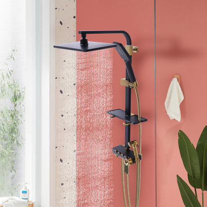 Thermostat Shower System with Lift - Wall-Mounted Thermostatic Shower Suitable for, Rainfall Shower & Handheld Shower, Heavy-Duty Copper & ABS, Temperature, Modern Bath Shower Set (Contemporary Style)