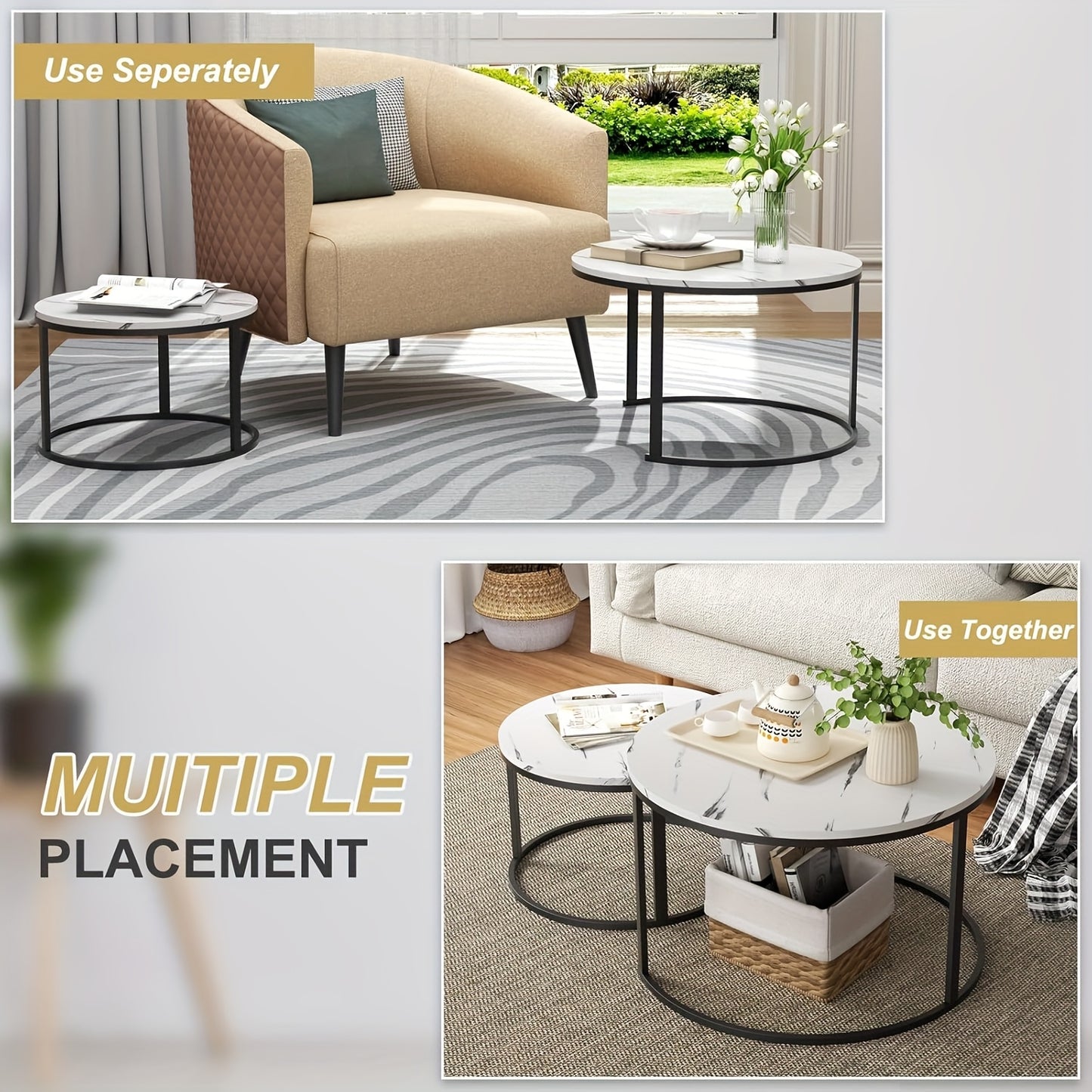 Ronde Salontafel – Bijzettafel – Tafeltje – Woonkamertafel – Set Van 2 – Modern Marmer Design – Diameter 80 + 60 cm – Zwart Met Gouden Accenten