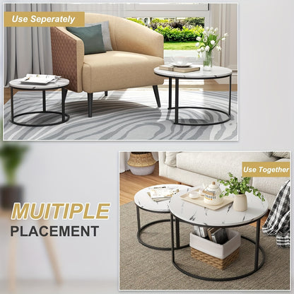 Ronde Salontafel – Bijzettafel – Tafeltje – Woonkamertafel – Set Van 2 – Modern Marmer Design – Diameter 80 + 60 cm – Zwart Met Gouden Accenten